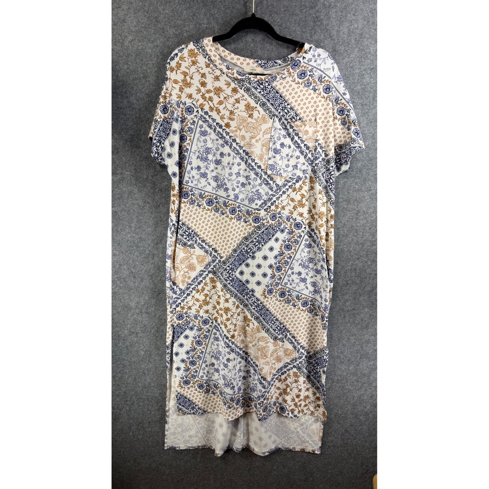 Entro Womens Patchwork Floral Paisley Midi Dress Short Sleeve Blue Tan Pocket